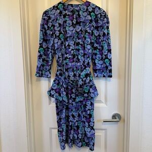 1980s WD2 diamond Retro Floral Dress Puff Sleeve Peplum Waist Bold VTG size 8
